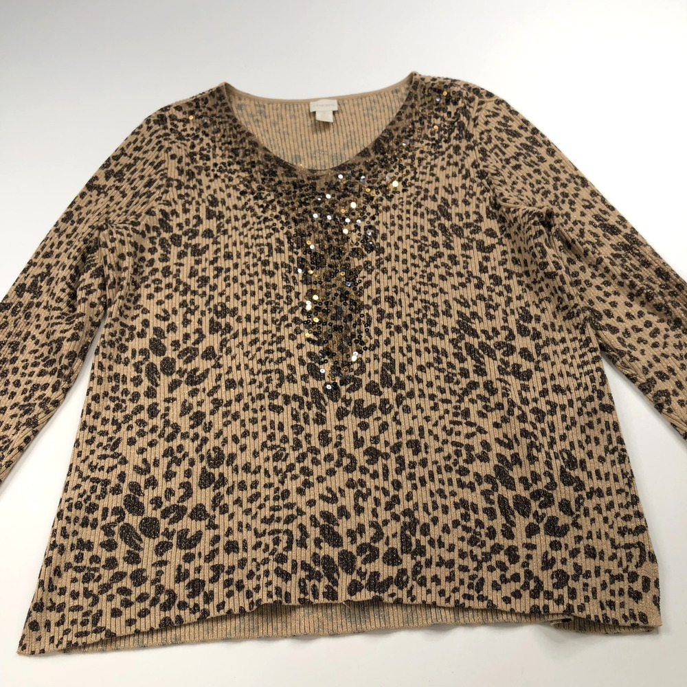 Chico's 3 Sequin V-Neck Pullover Sweater Animal All Over Print Brown MINT